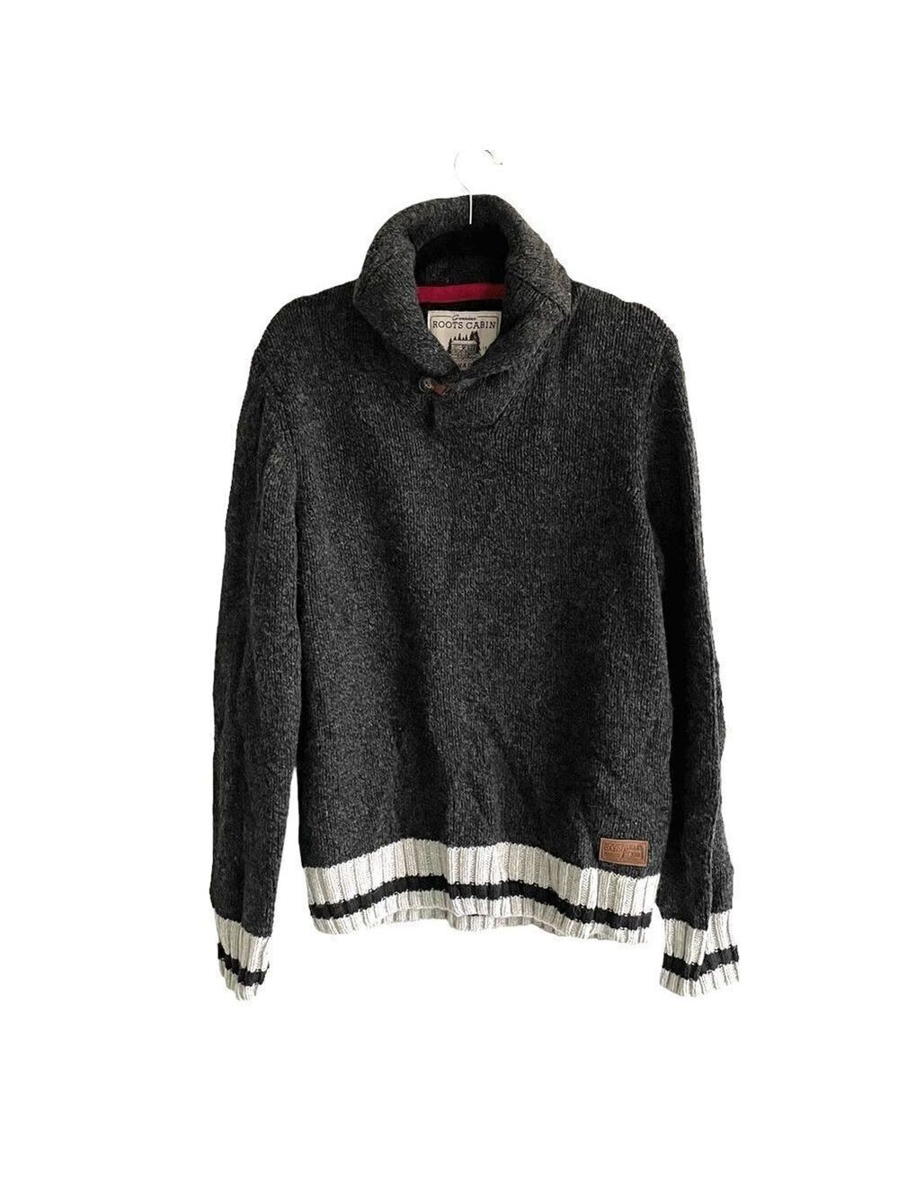 ROOTS Canada Men’s Wool Shawl Collar Pullover Sweater Elbow Patches Black M